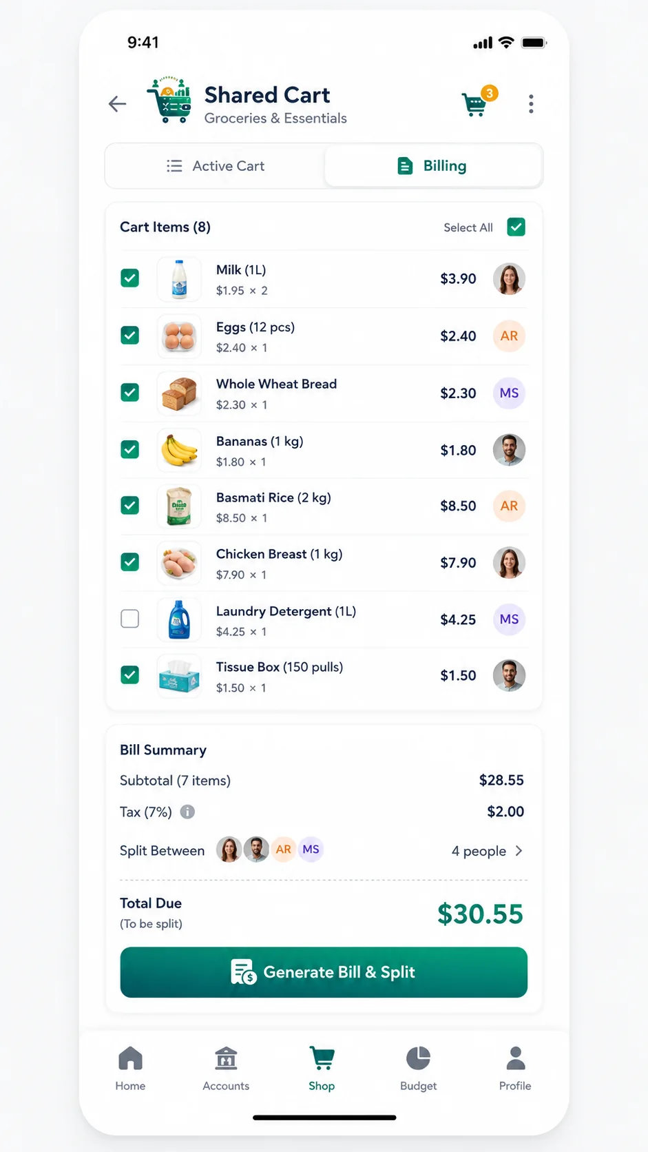 Cartofin shared family shopping interface